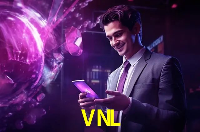 Una escena digital vívida inspirada en casino con VNL mostrado prominentemente, luces brillantes, fichas, cartas y acentos dorados.