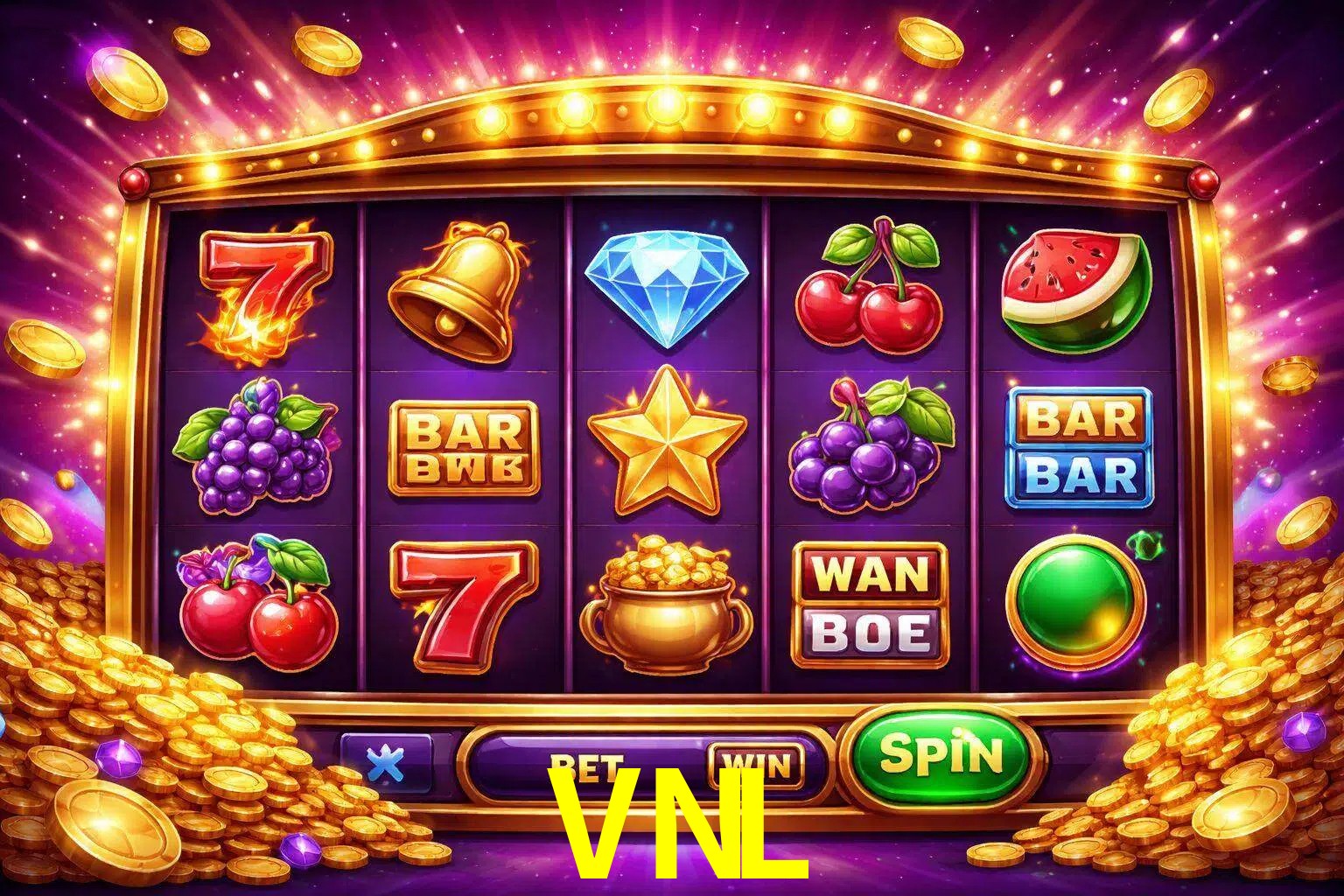 Una interfaz colorida de tragamonedas en línea con símbolos brillantes, monedas y un efecto de victoria celebratoria en VNL.